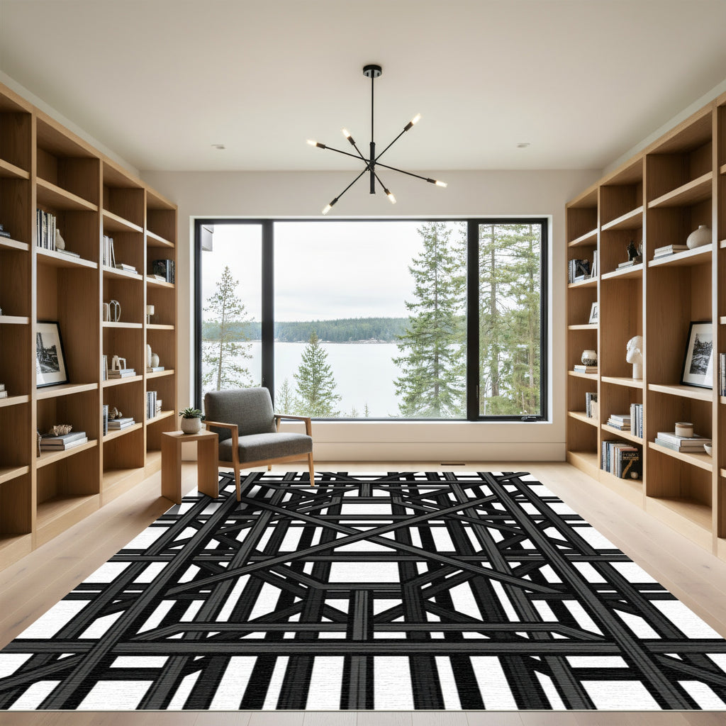 Modern Architectural Black Grid Lattice Rug