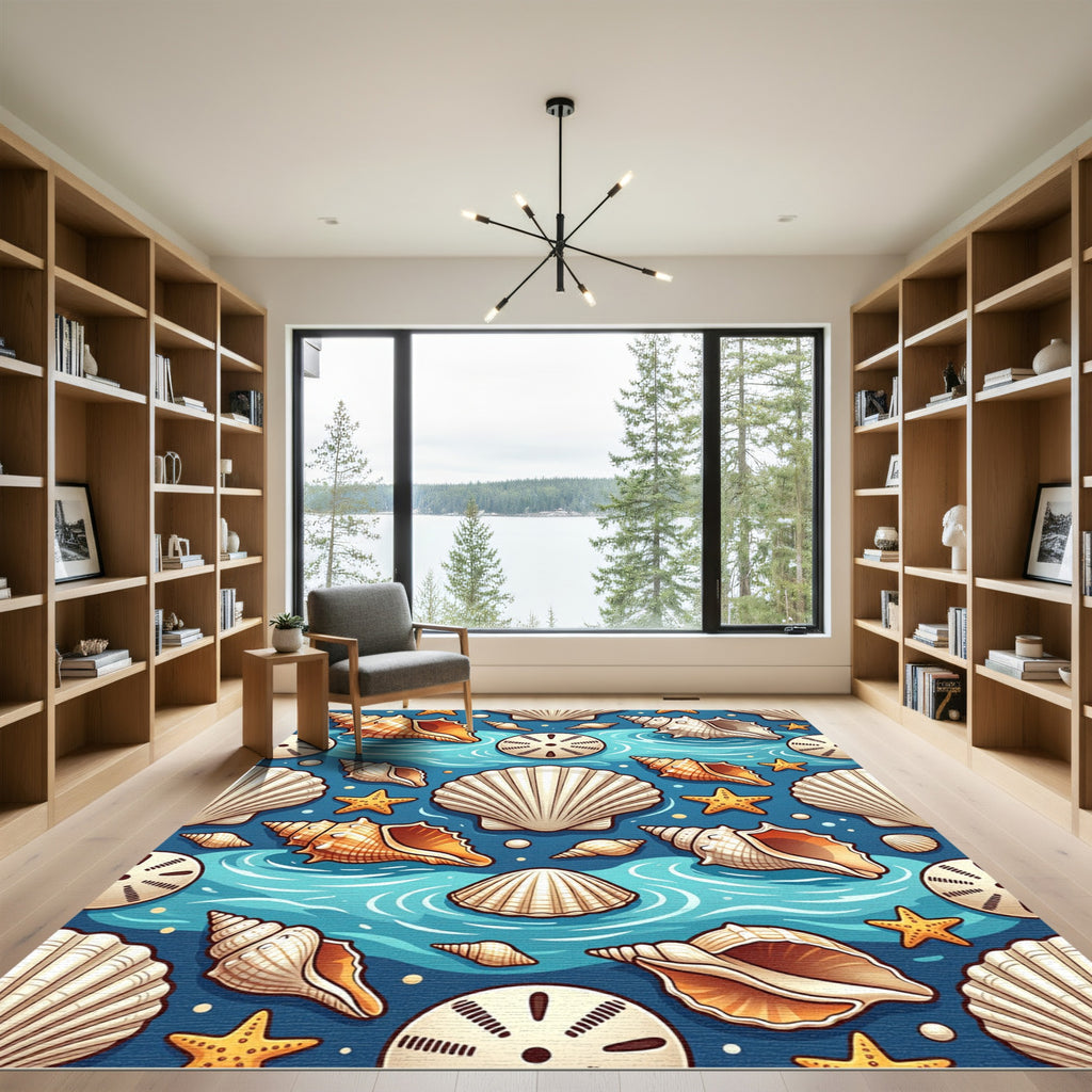 Coastal Seashell Starfish Ocean Blue Rug