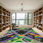 Vibrant Isometric City Traffic Street Grid Rug