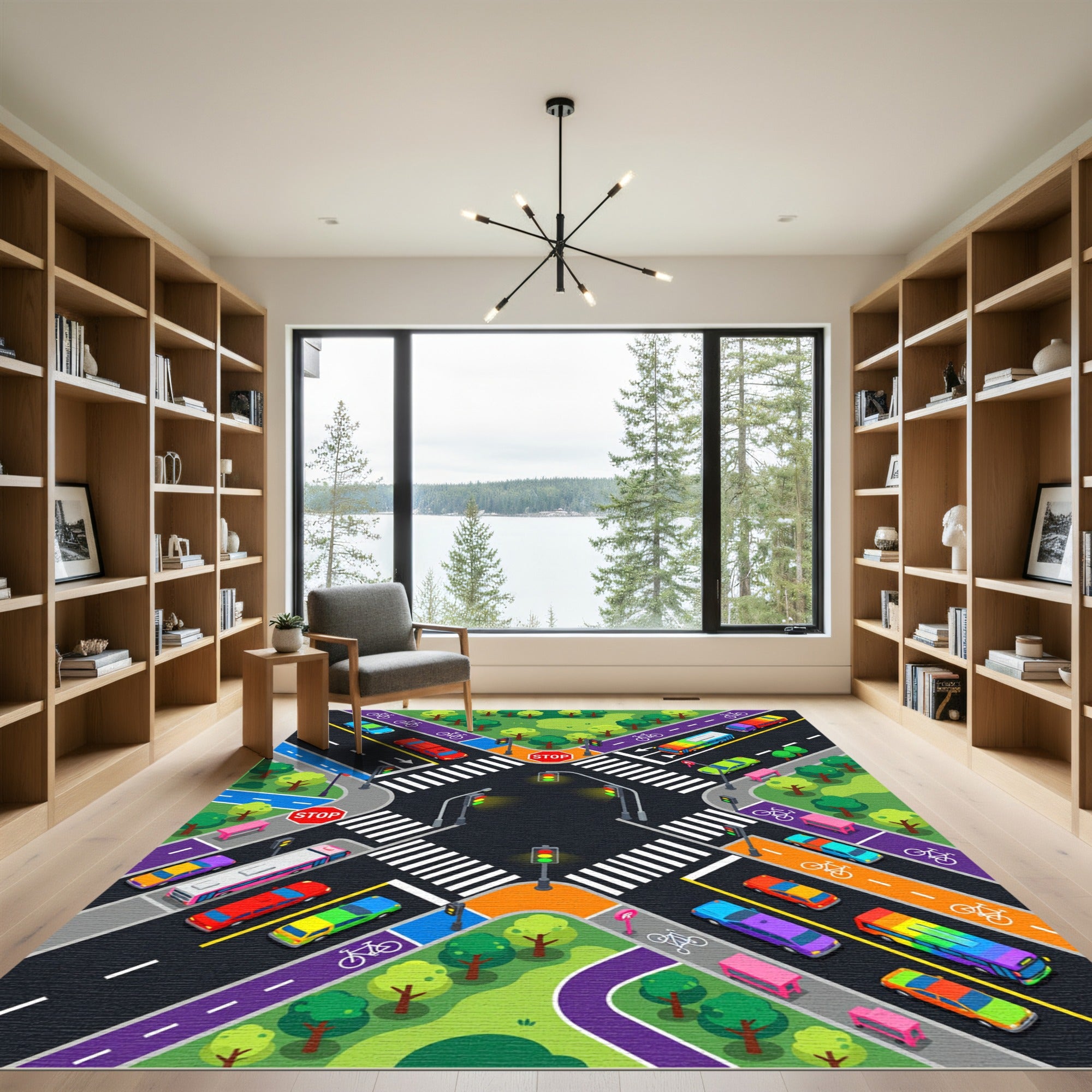 Vibrant Isometric City Traffic Street Grid Rug