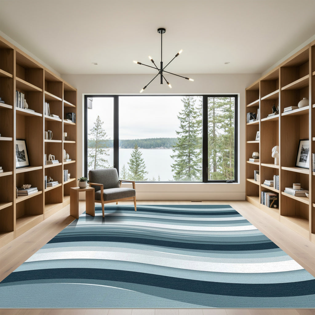 Modern Blue Wavy Layered Abstract Rug
