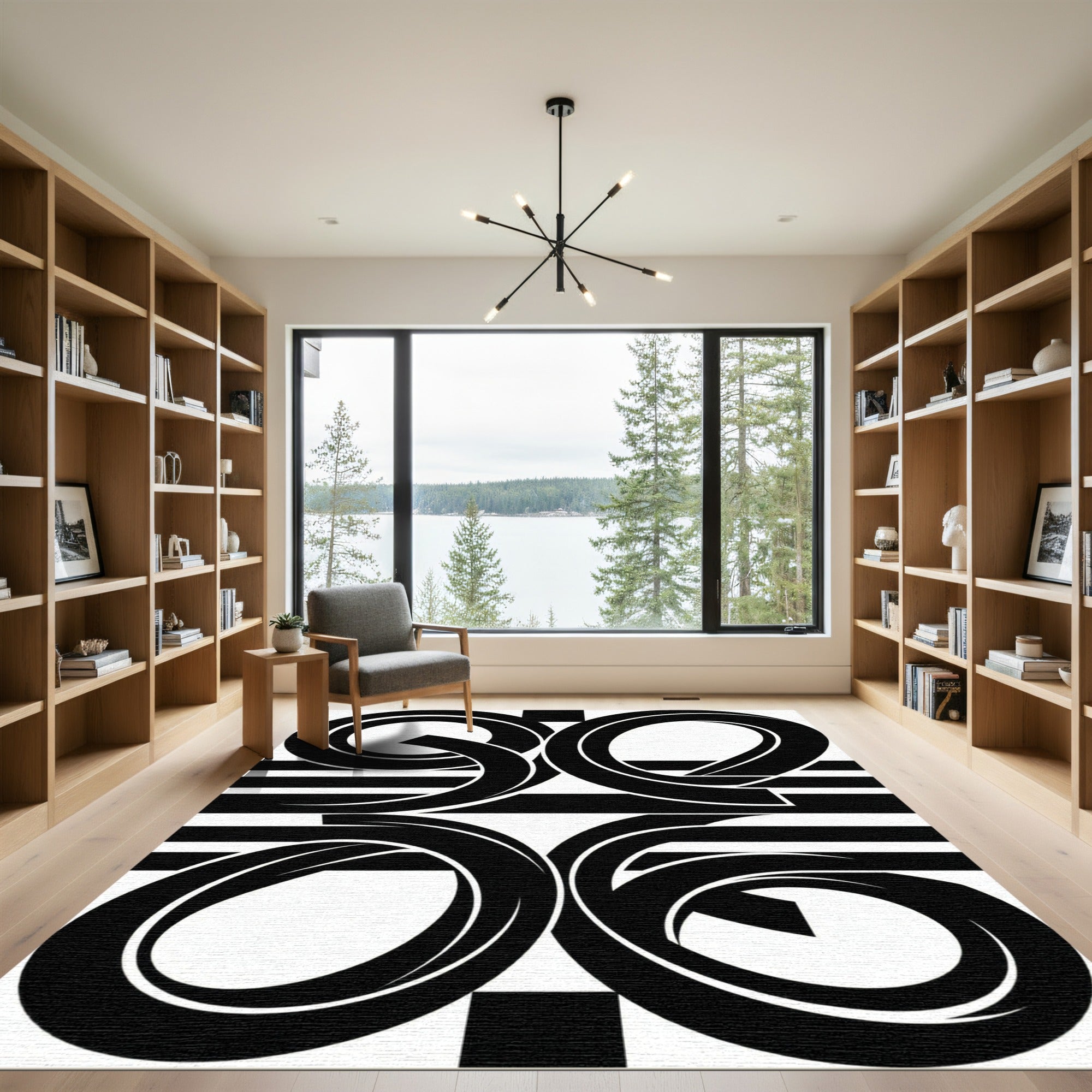 Bold Black White Geometric Swirl Rug