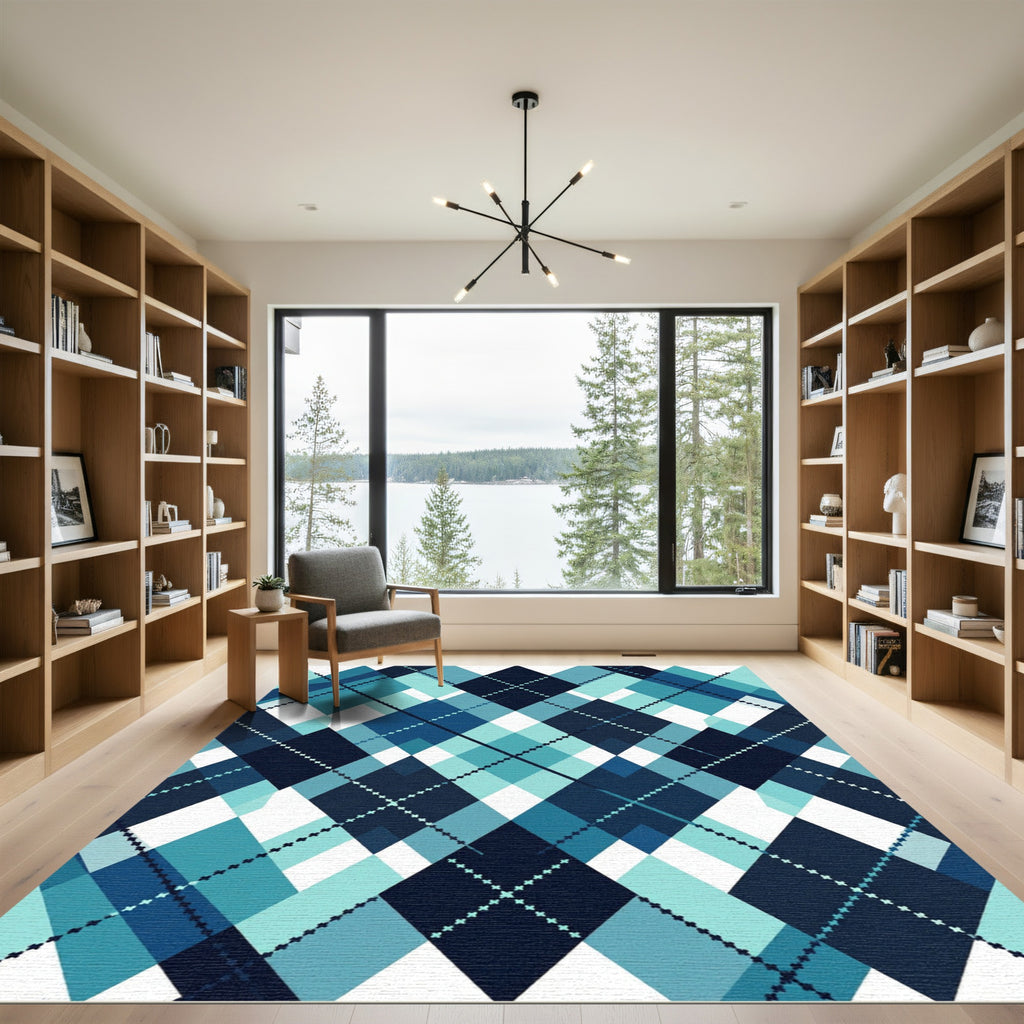 Modern Teal Navy Geometric Argyle Rug