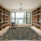 Elegant Sage Gold Ornate Floral Medallion Rug