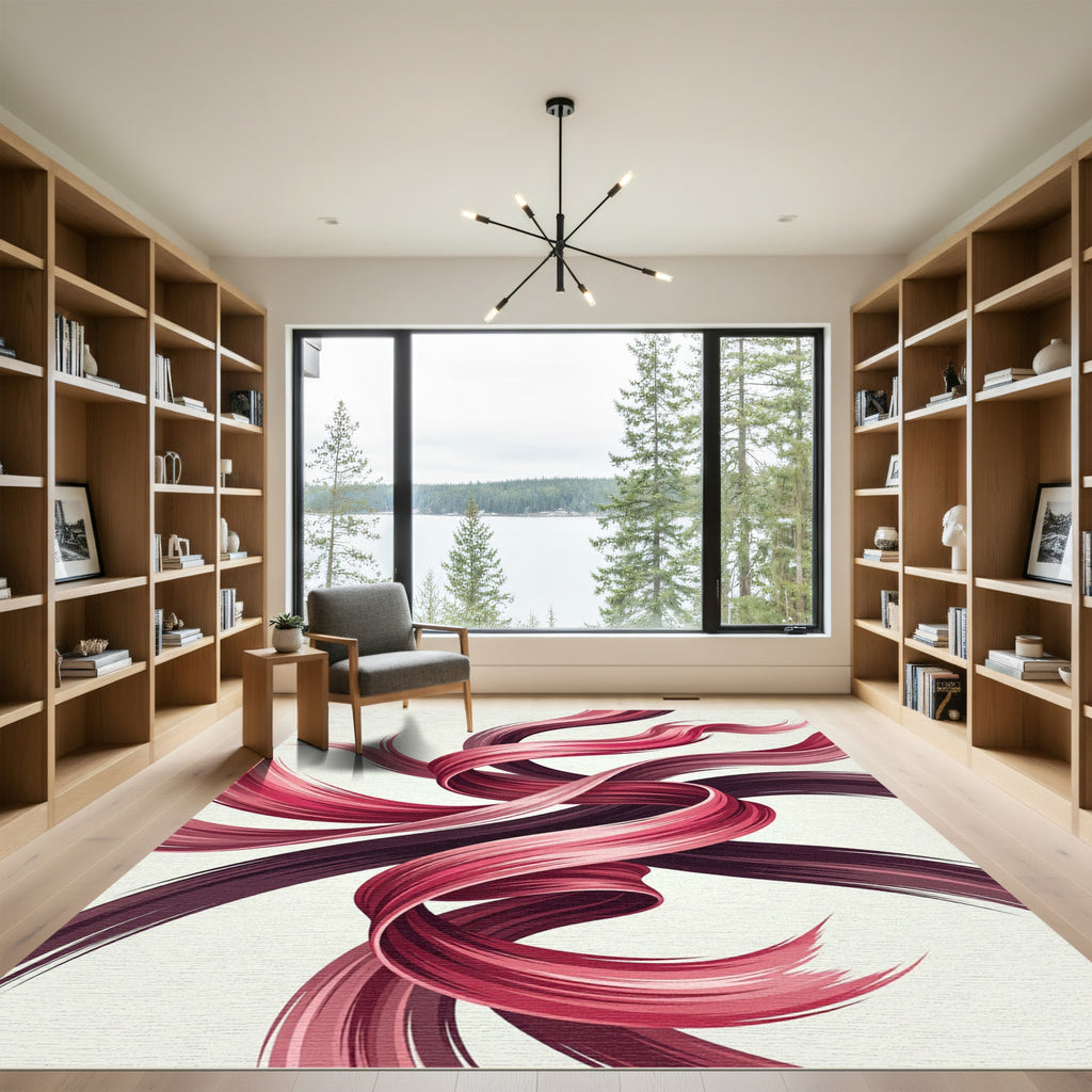 Crimson Rose Swirl Abstract Strokes Rug