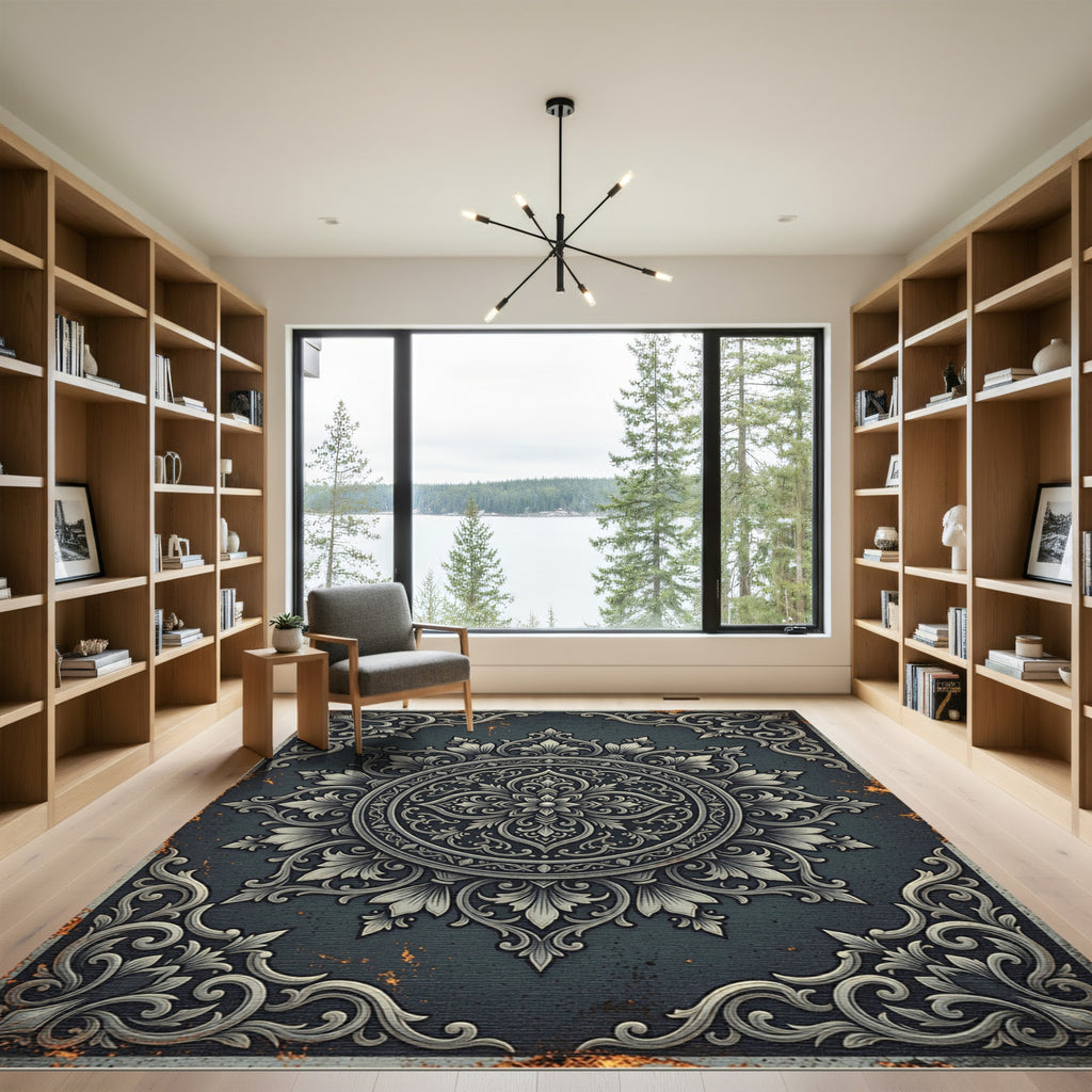 Ornate Slate Gray Floral Medallion Rug