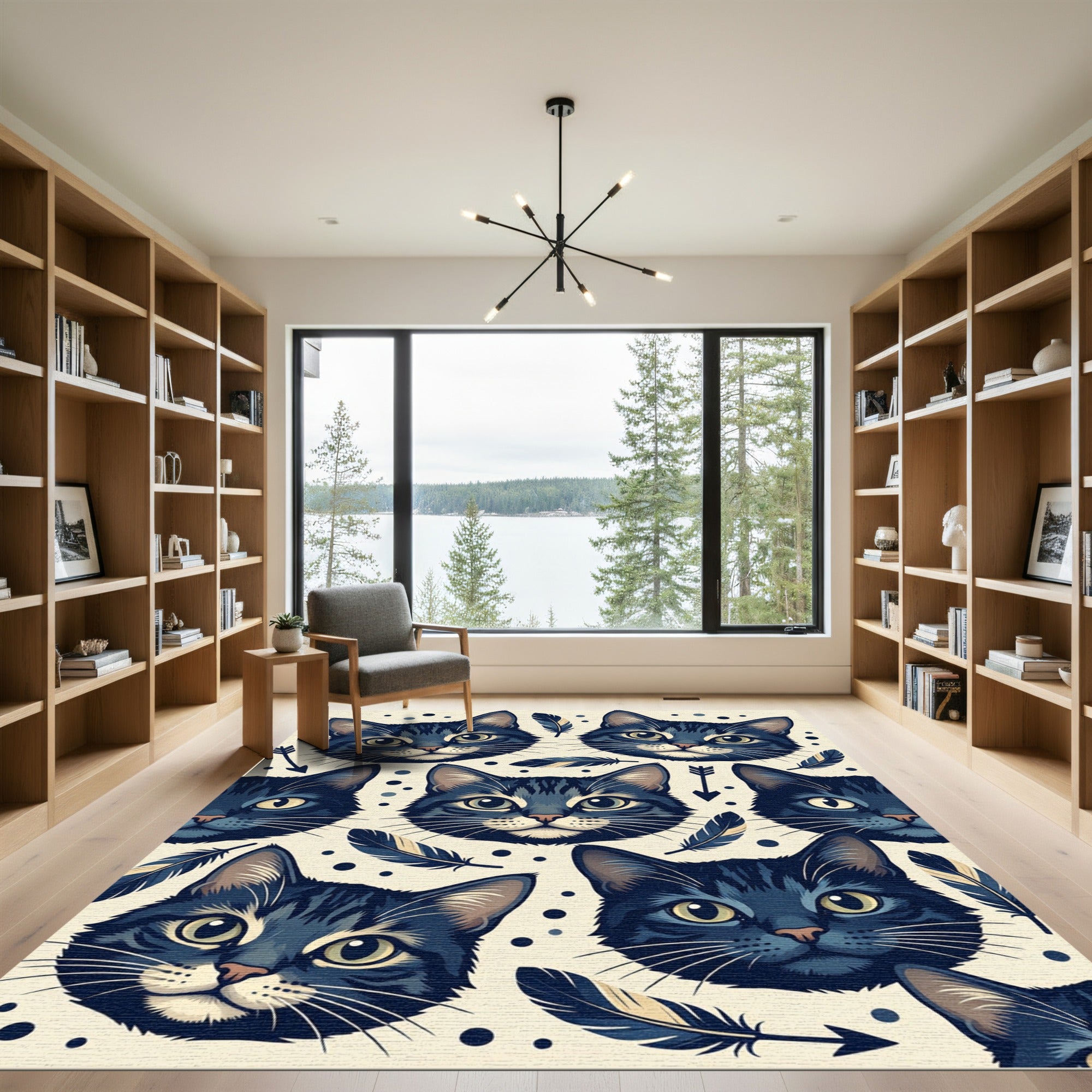 Whimsical Navy Cat Feather Boho Illustration Rug