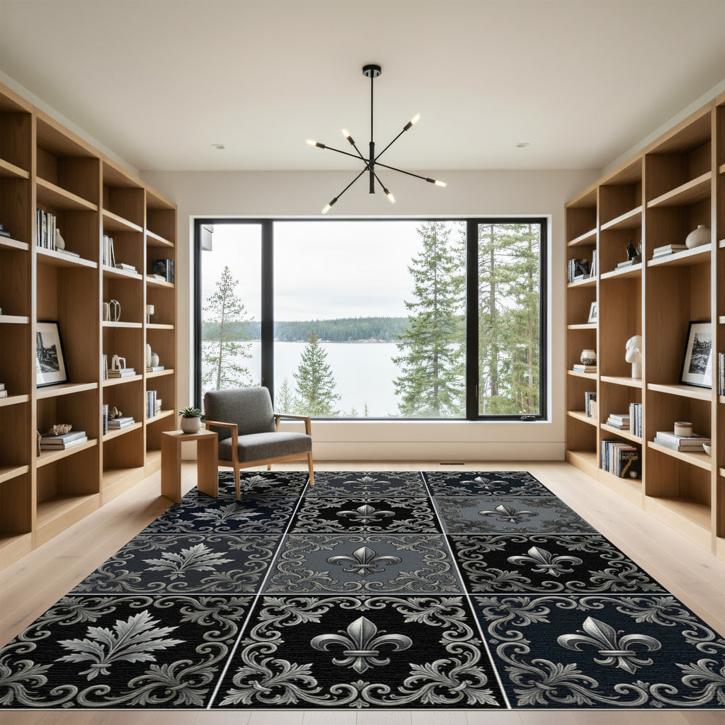 Ornate Fleur De Lis Square Black Gray Rug