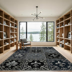 Ornate Fleur De Lis Square Black Gray Rug