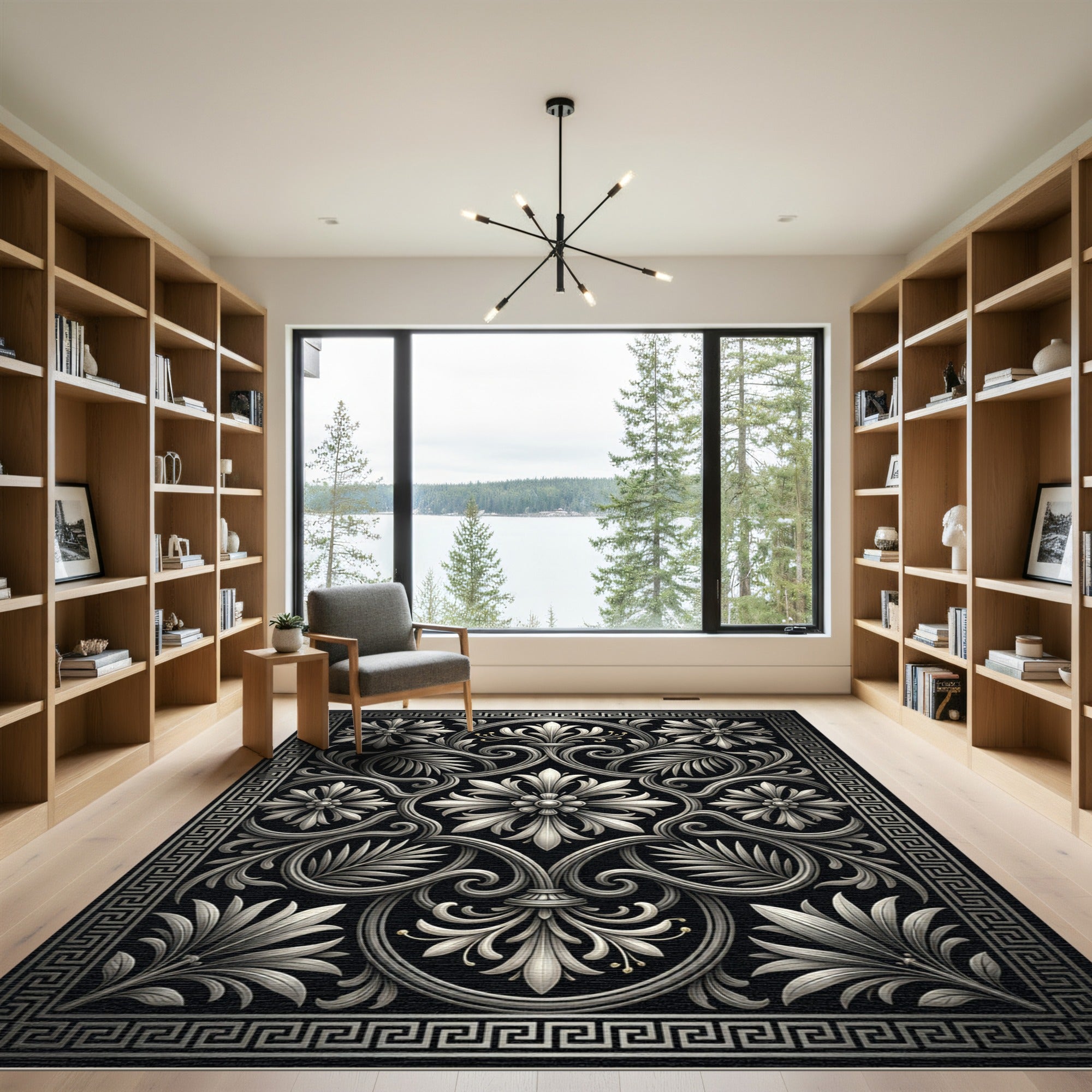 Elegant Silver Greyscale Neoclassical Acanthus Rug