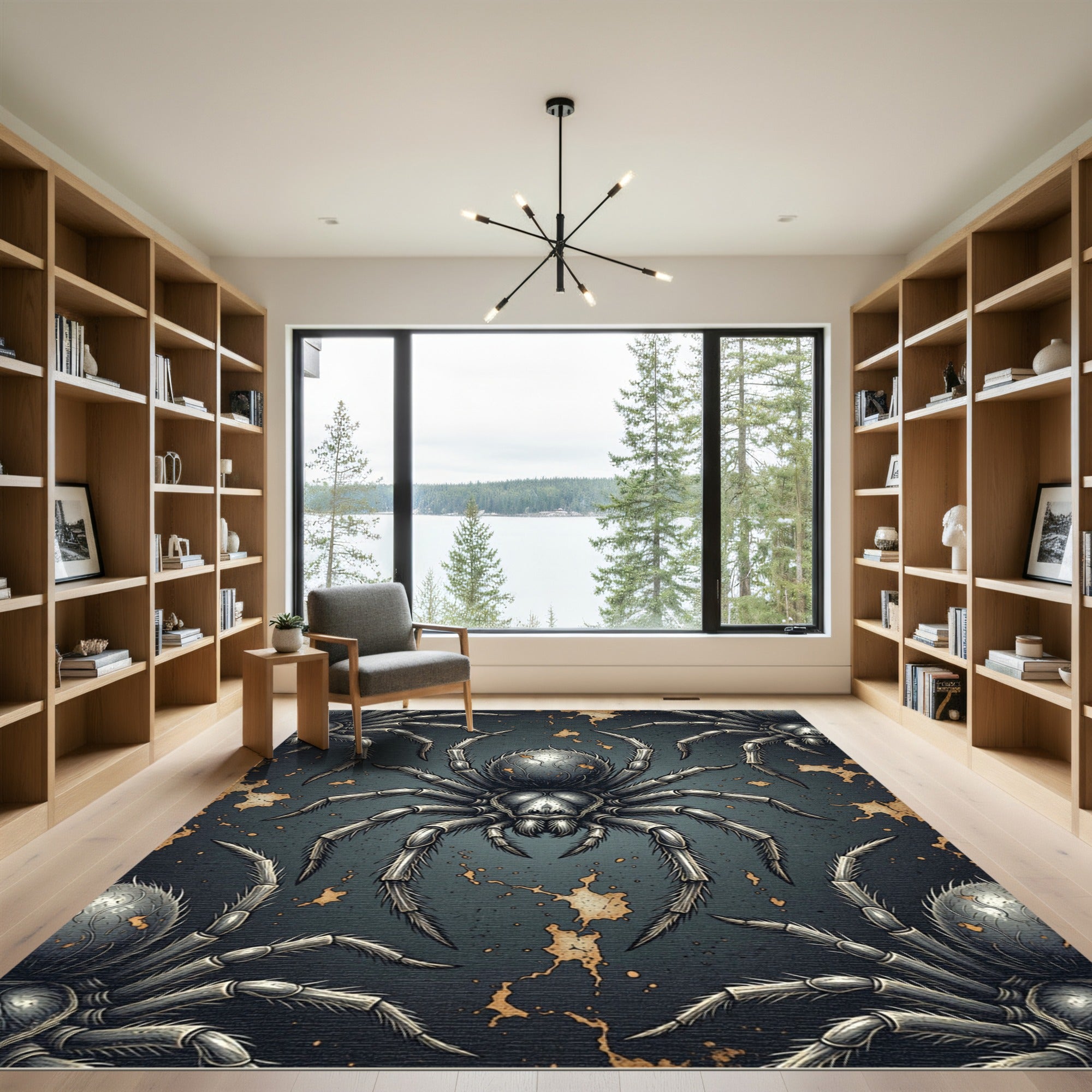 Dark Gothic Spider Charcoal Gold Rug