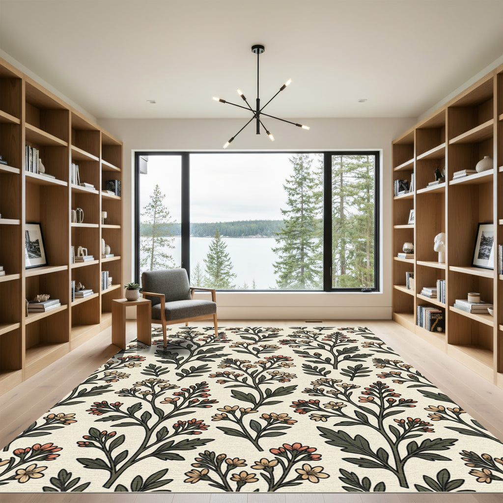 Cream Tan Floral Branch Pattern Rug
