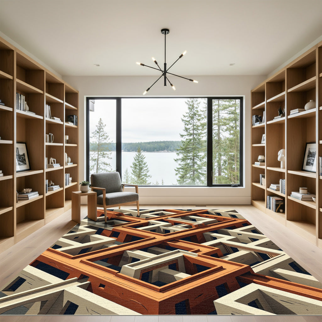 Terracotta Architectural Geometric Isometric Maze Rug
