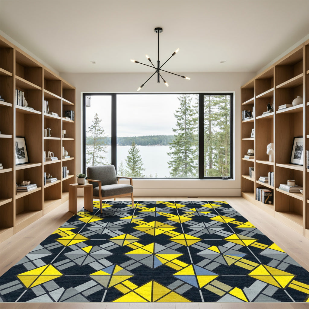Modern Geometric Diamond Checkerboard Yellow Gray Rug