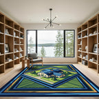 Blue Roof House Field Geometric Border Rug