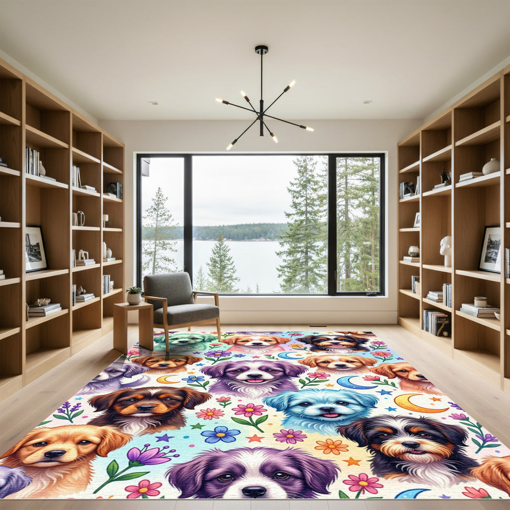Whimsical Pastel Puppy Floral Celestial Art Rug