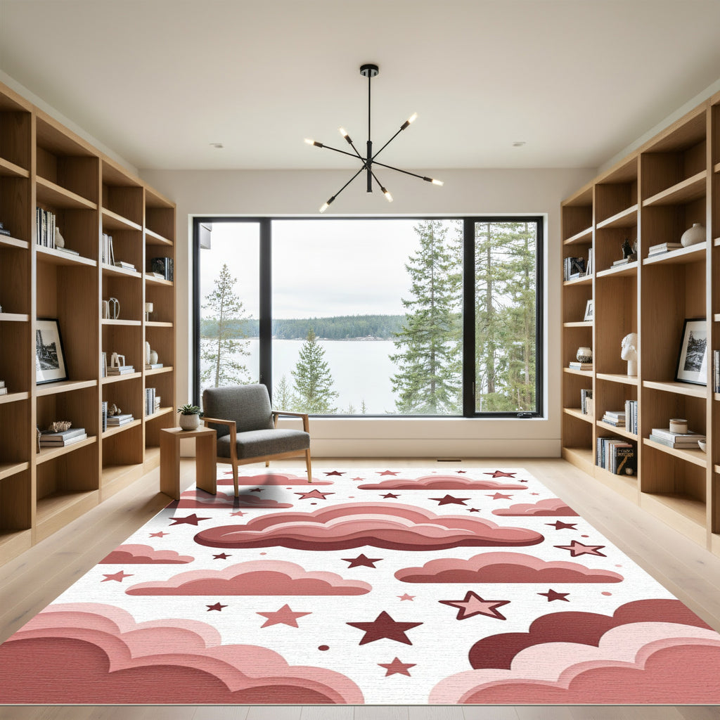 Whimsical Dusty Rose Cloud Starry Sky Rug