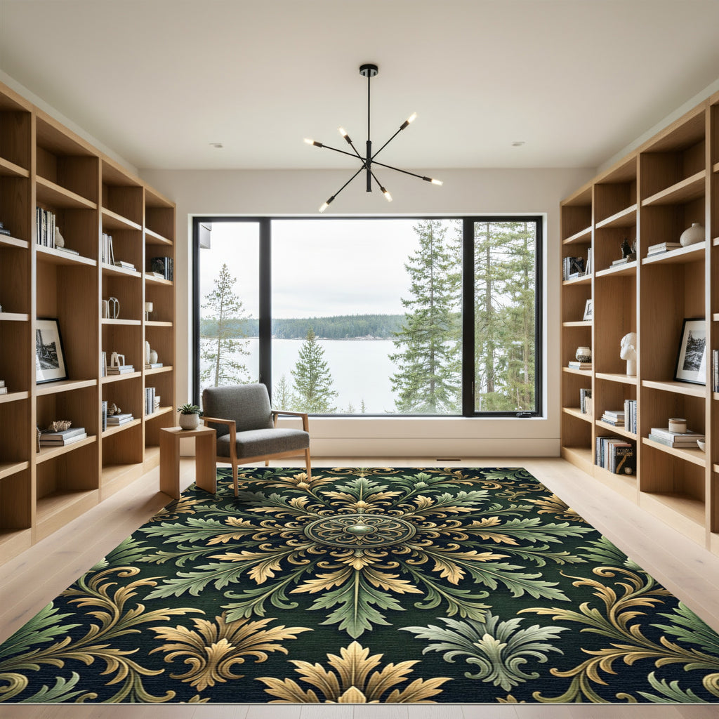 Ornate Sage and Gold Acanthus Medallion Rug