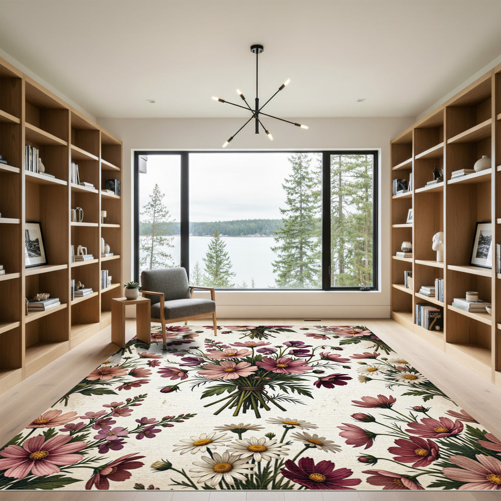 Vintage Pink Cosmos Floral Bouquet Rug