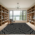 Ornate Gray quatrefoil Black background Rug