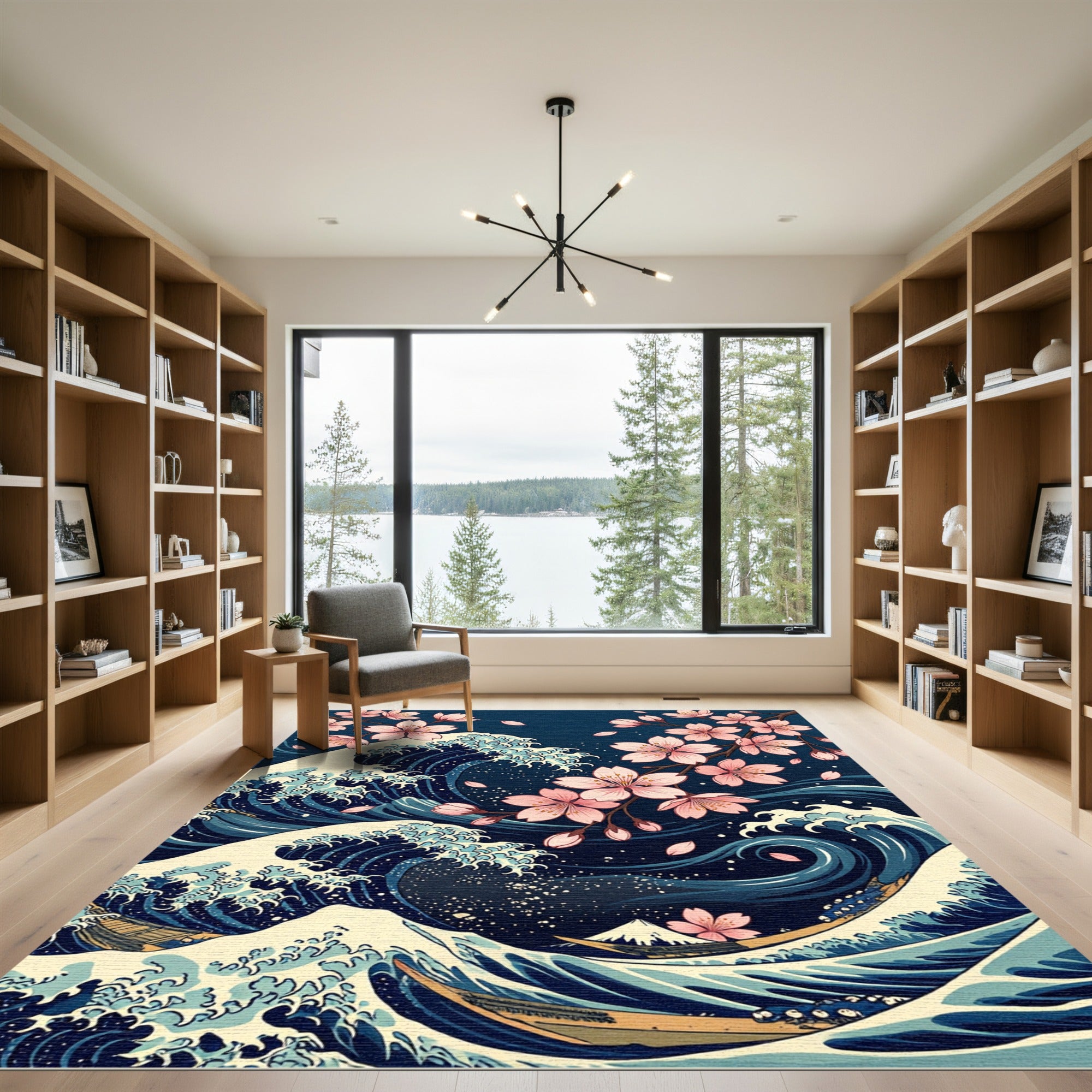 Japanese Wave and Cherry Blossom Art Rug