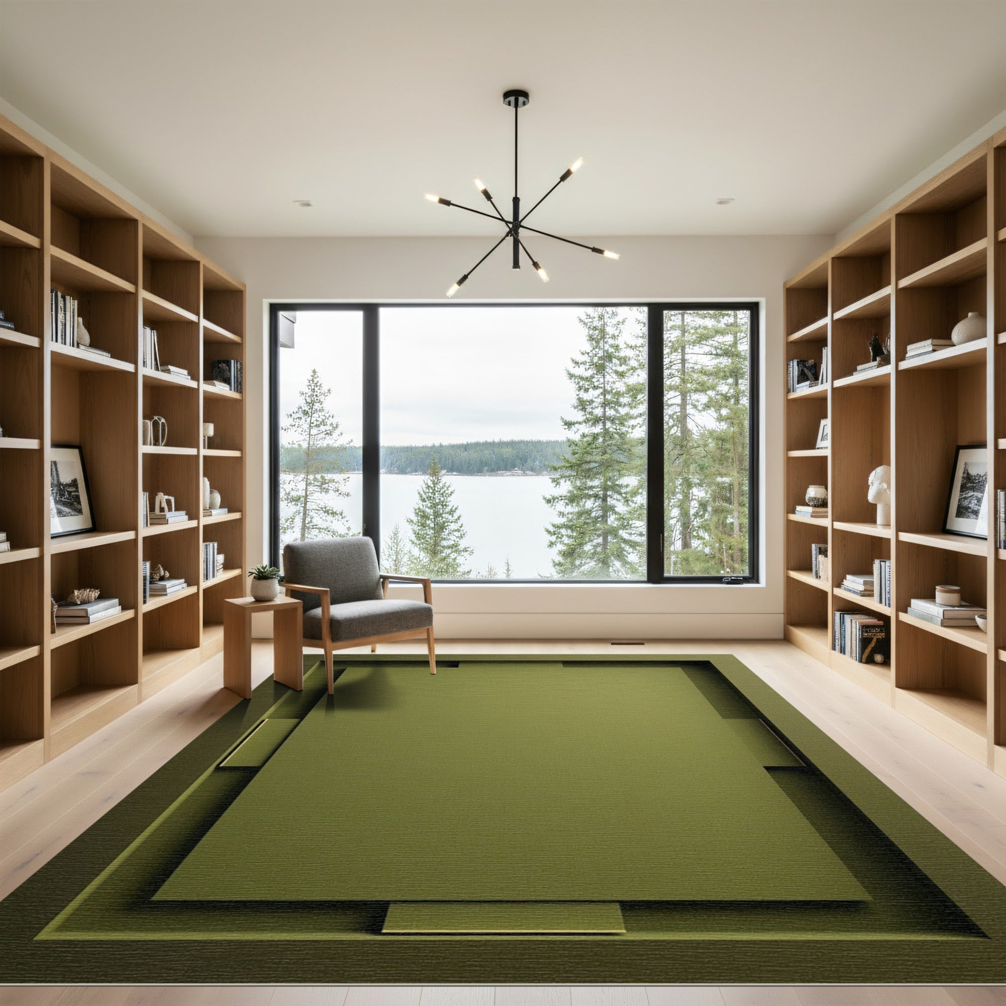 Olive Green Layered Geometric Rectangle Rug
