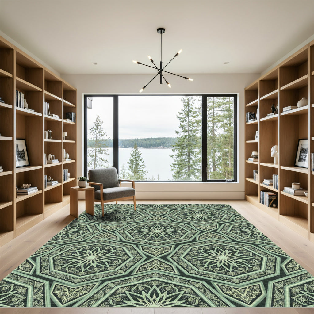 Intricate Sage Green Geometric Star Rug