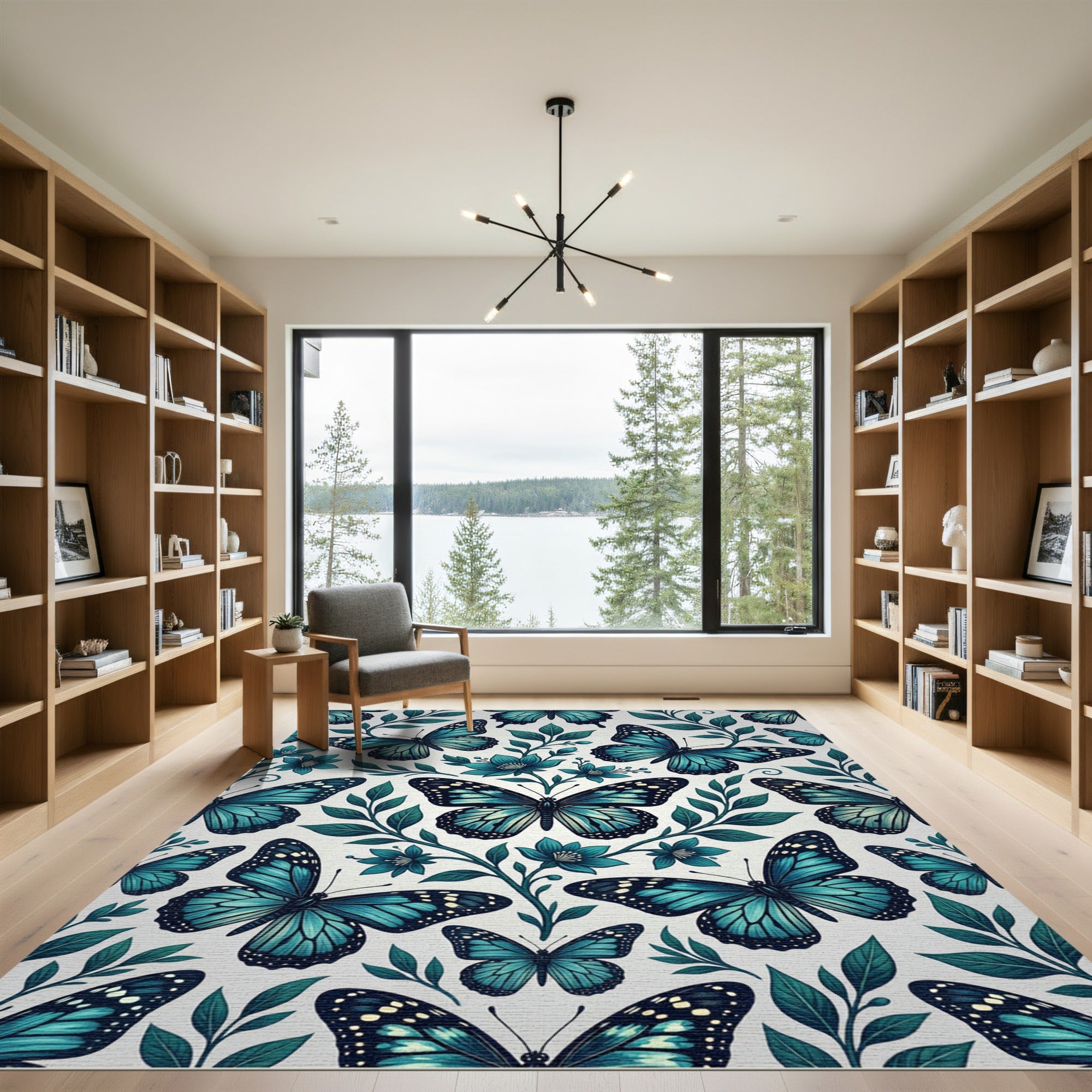 Elegant Teal Butterfly Botanical Garden Rug