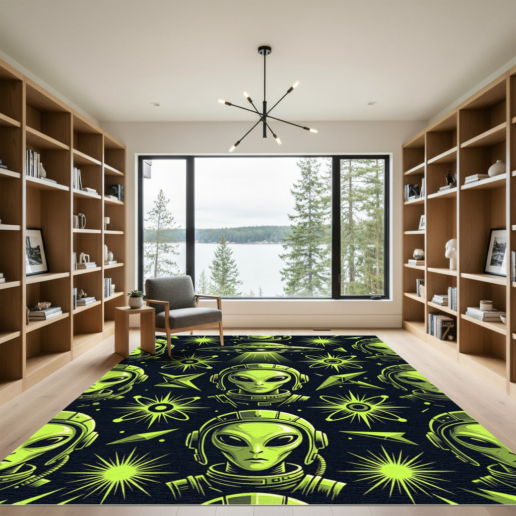 Neon Alien Cosmic Saucer Space Graphic Rug