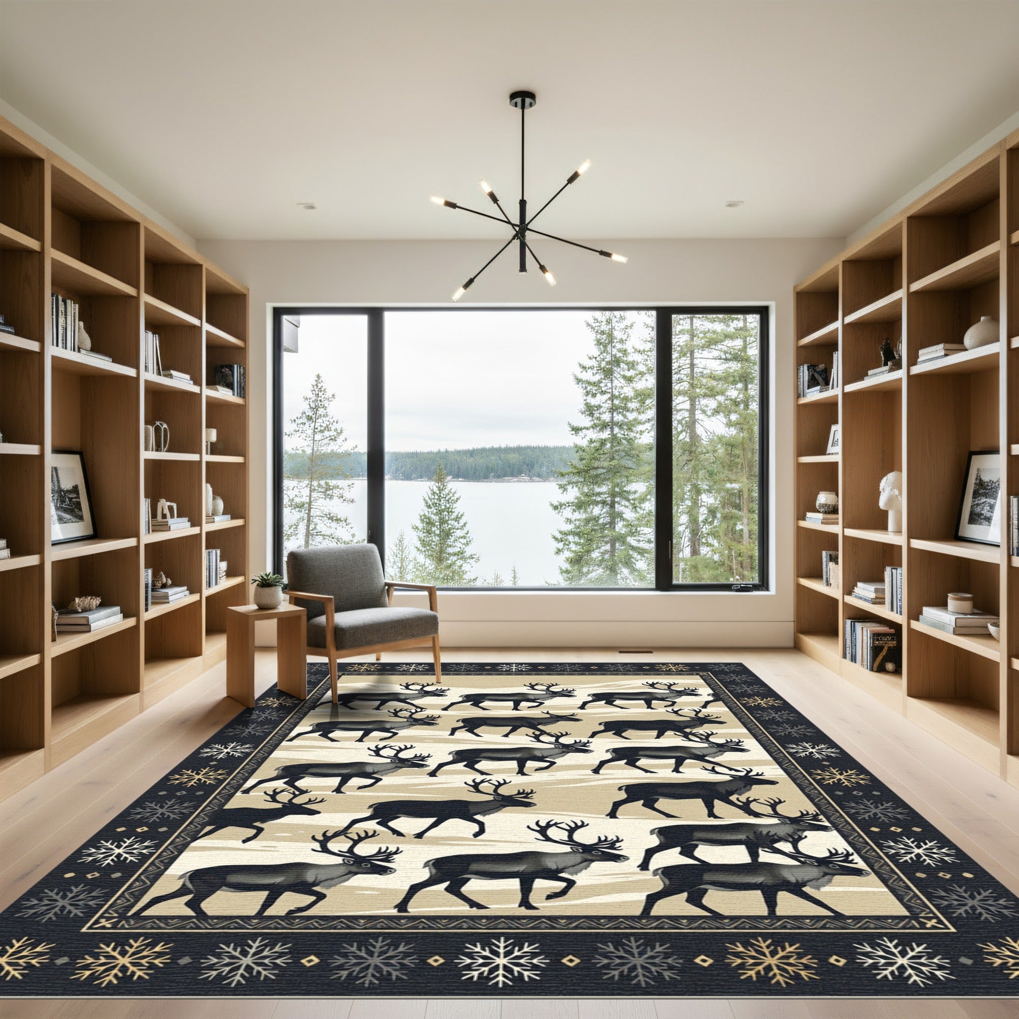 Nordic Reindeer Winter Forest Beige Rug