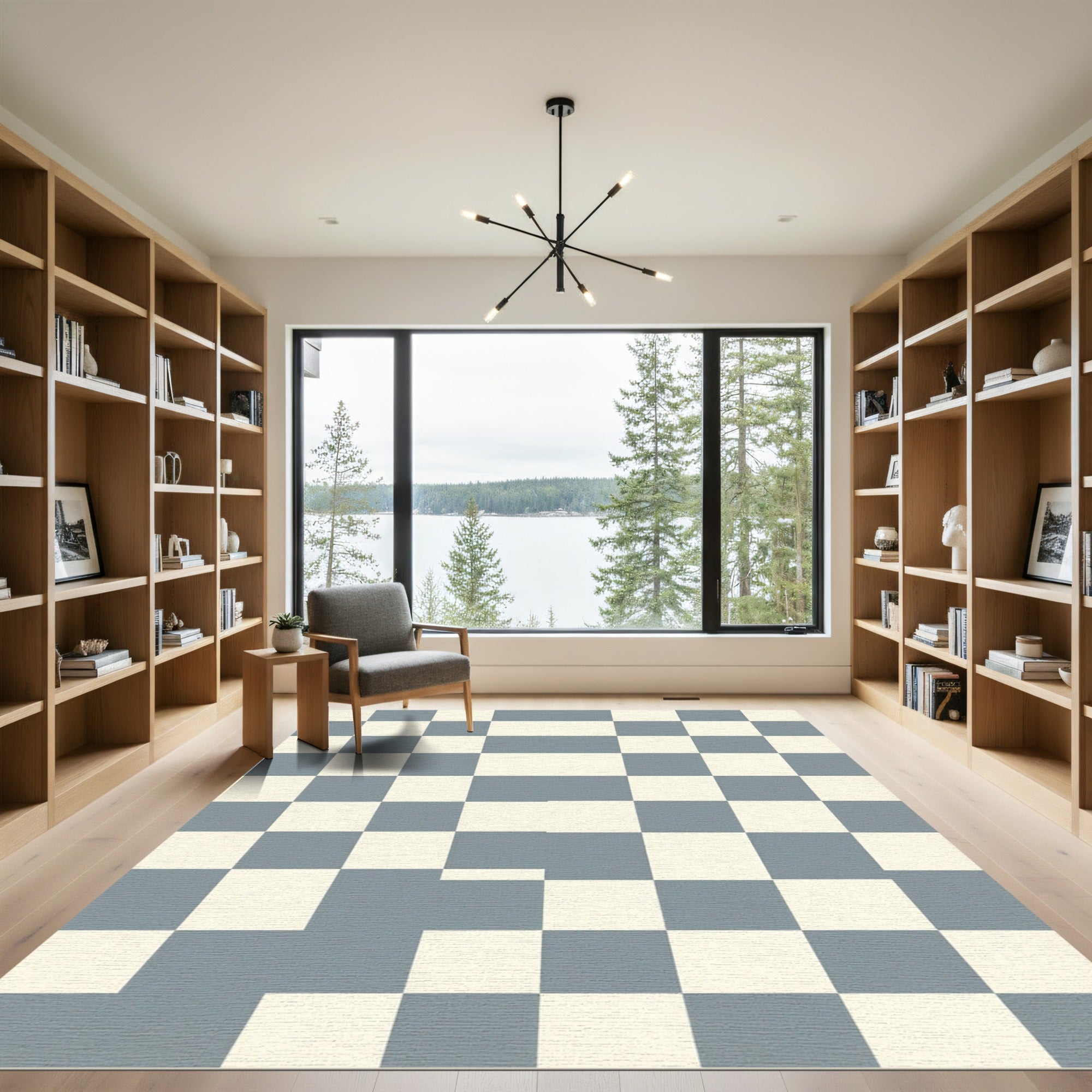 Gray White Checkered Square Composition Rug