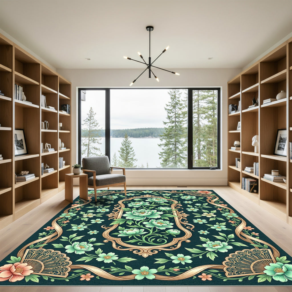 Emerald Garden Floral Ribbon Frame Rug
