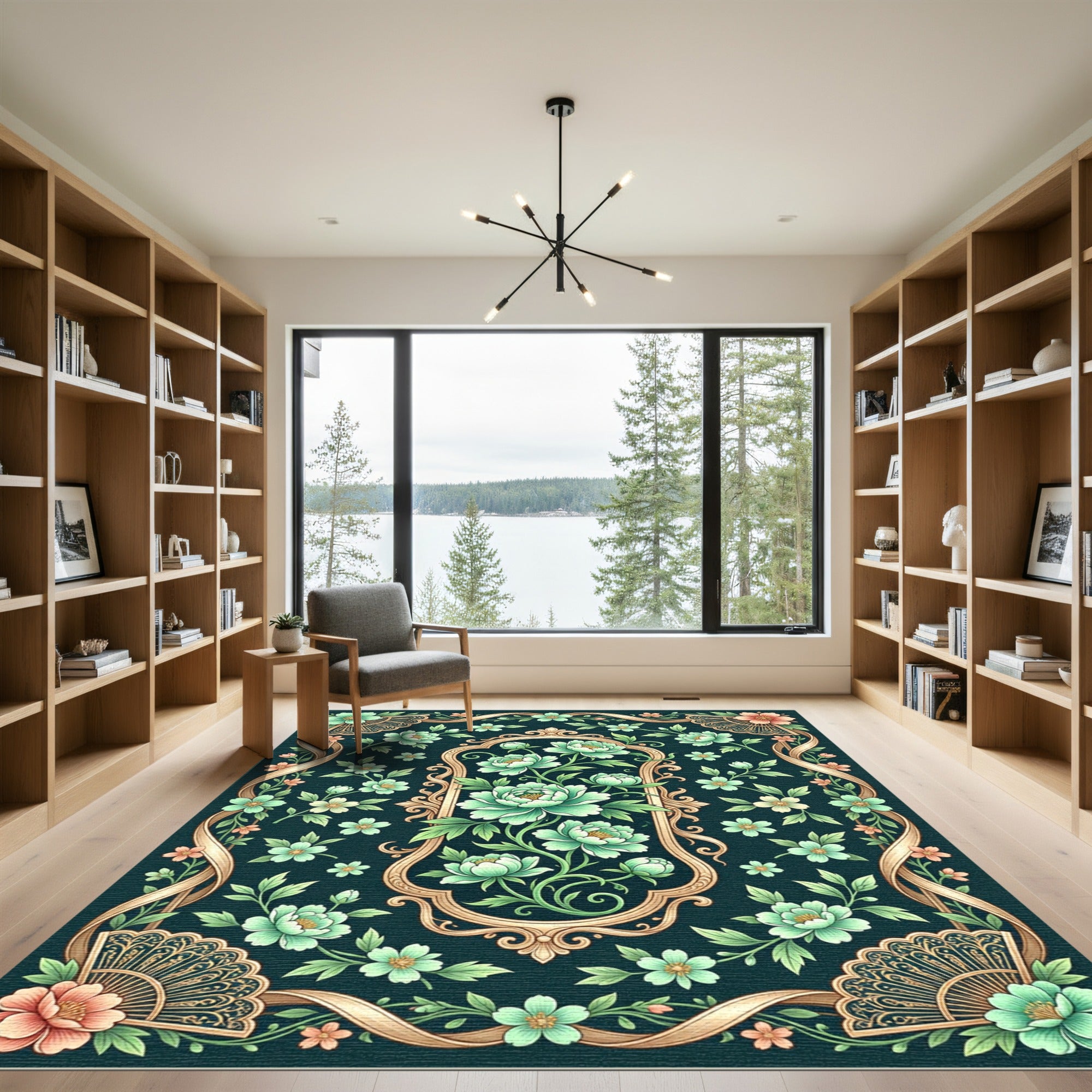Emerald Garden Floral Ribbon Frame Rug