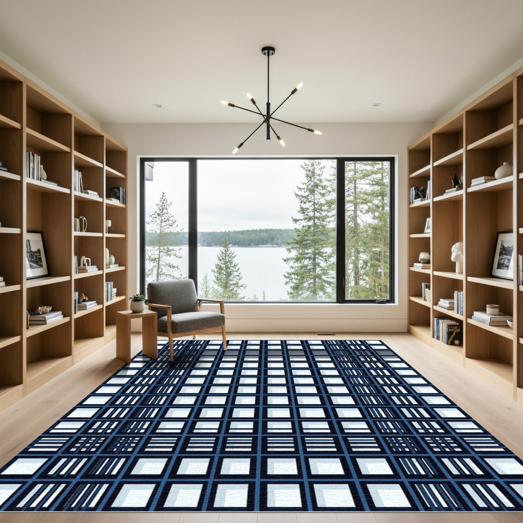 Modern Navy Ink Grid Geometric Rug