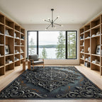 Elegant Silver Damask Circular Medallion Rug