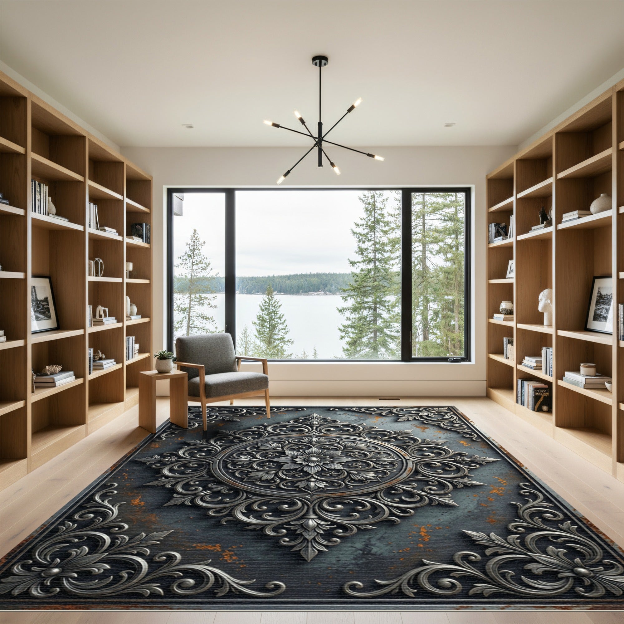 Elegant Silver Damask Circular Medallion Rug