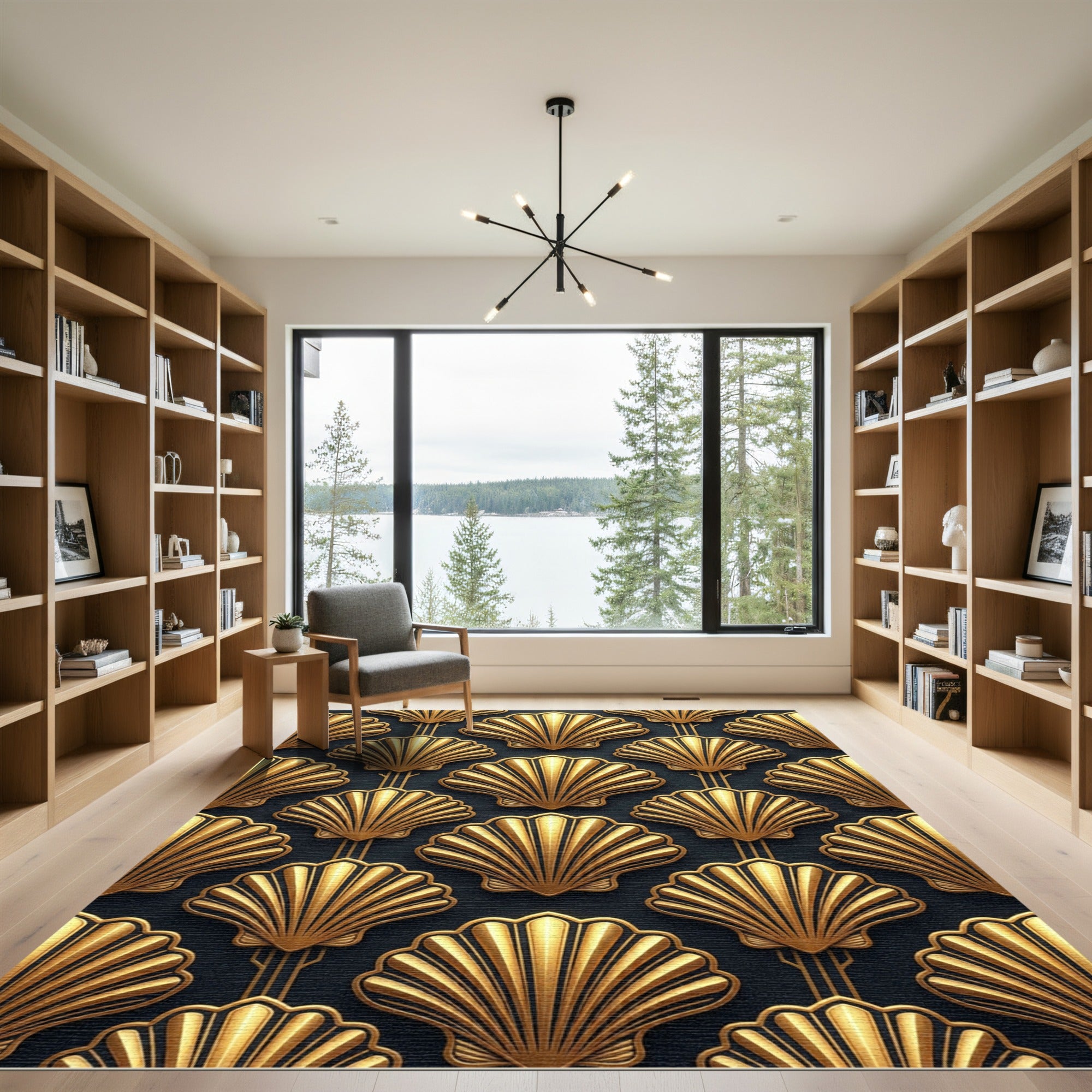Art Deco Golden Shell Geometric Rug