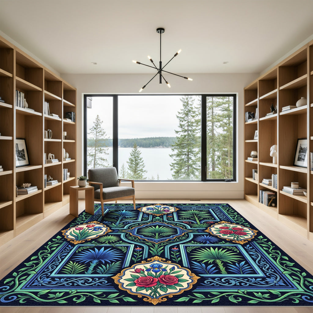 Emerald Blue Floral Garden Frame Rug