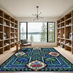 Emerald Blue Floral Garden Frame Rug
