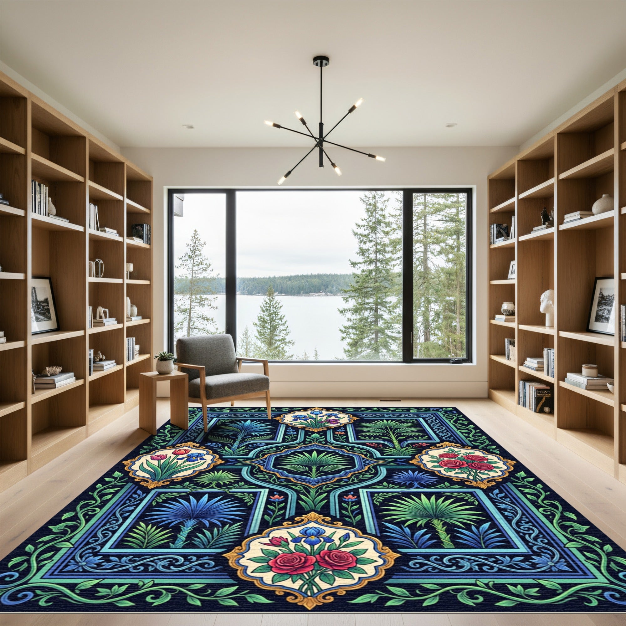 Emerald Blue Floral Garden Frame Rug