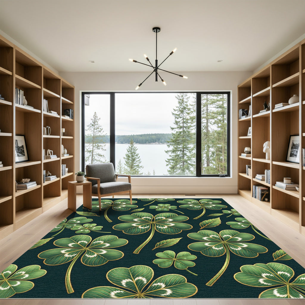 Elegant Green Clover Gold Leaf Botanical Rug