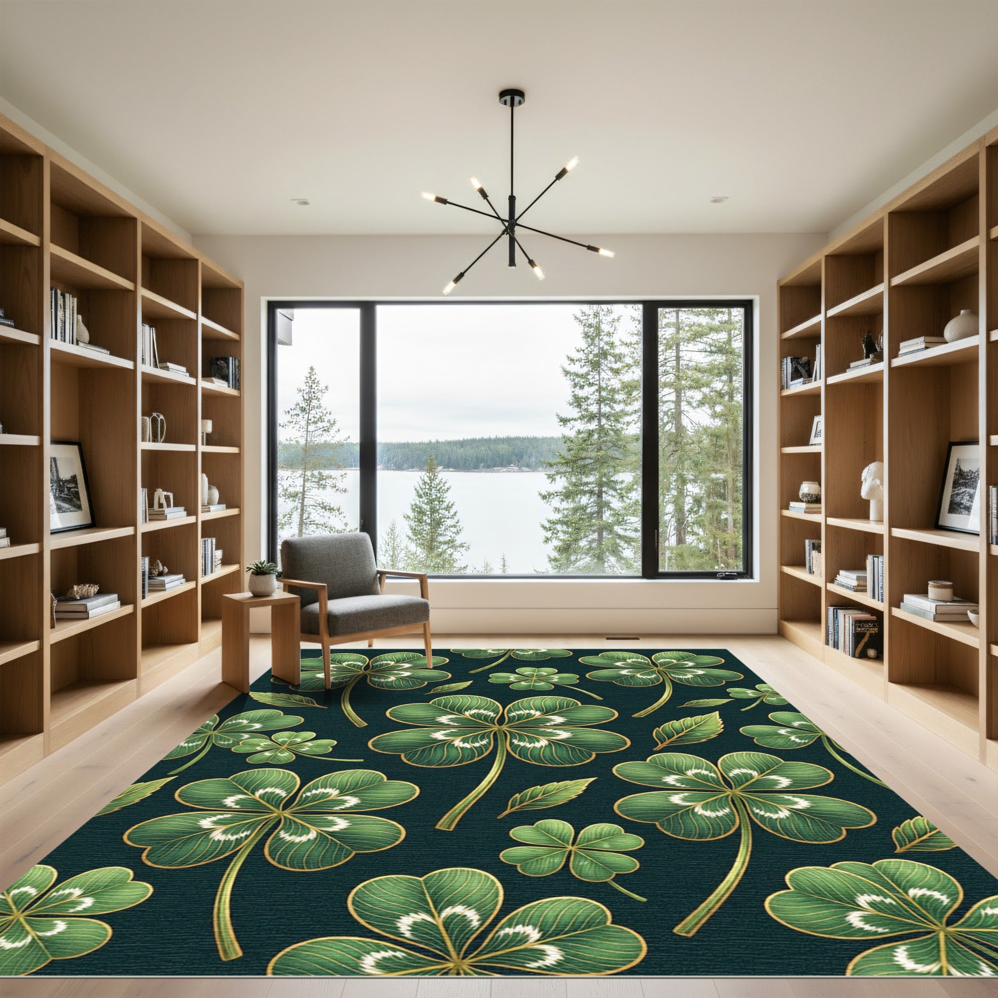Elegant Green Clover Gold Leaf Botanical Rug