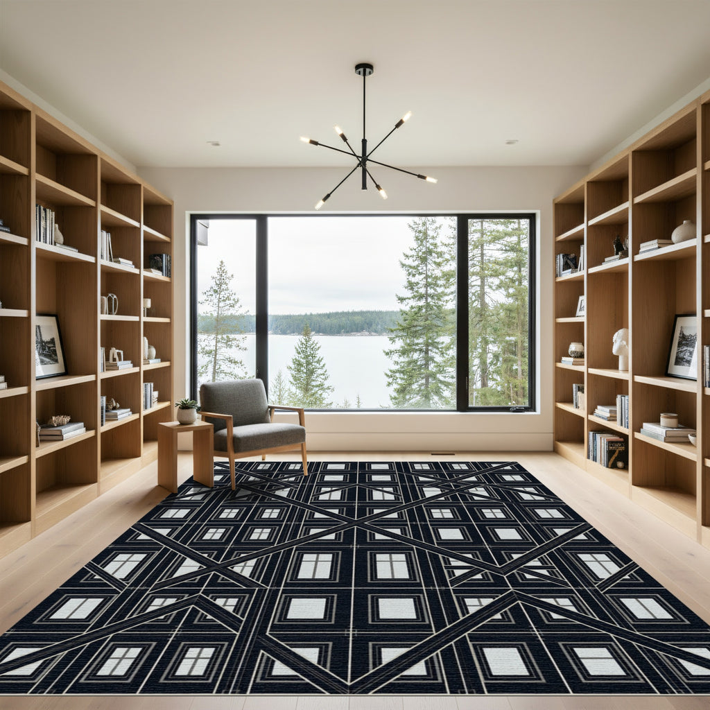 Black White Geometric Window Frame Rug