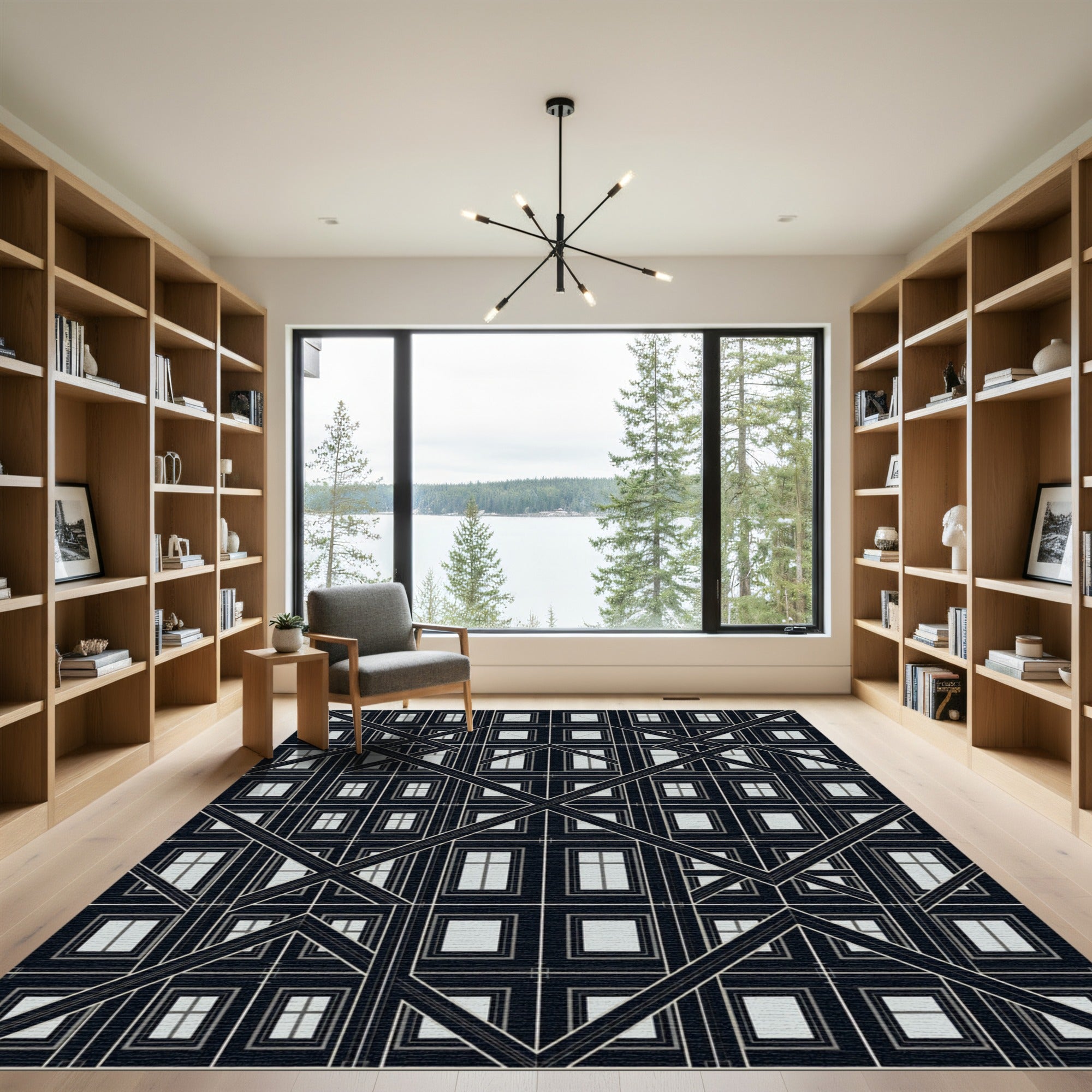Black White Geometric Window Frame Rug