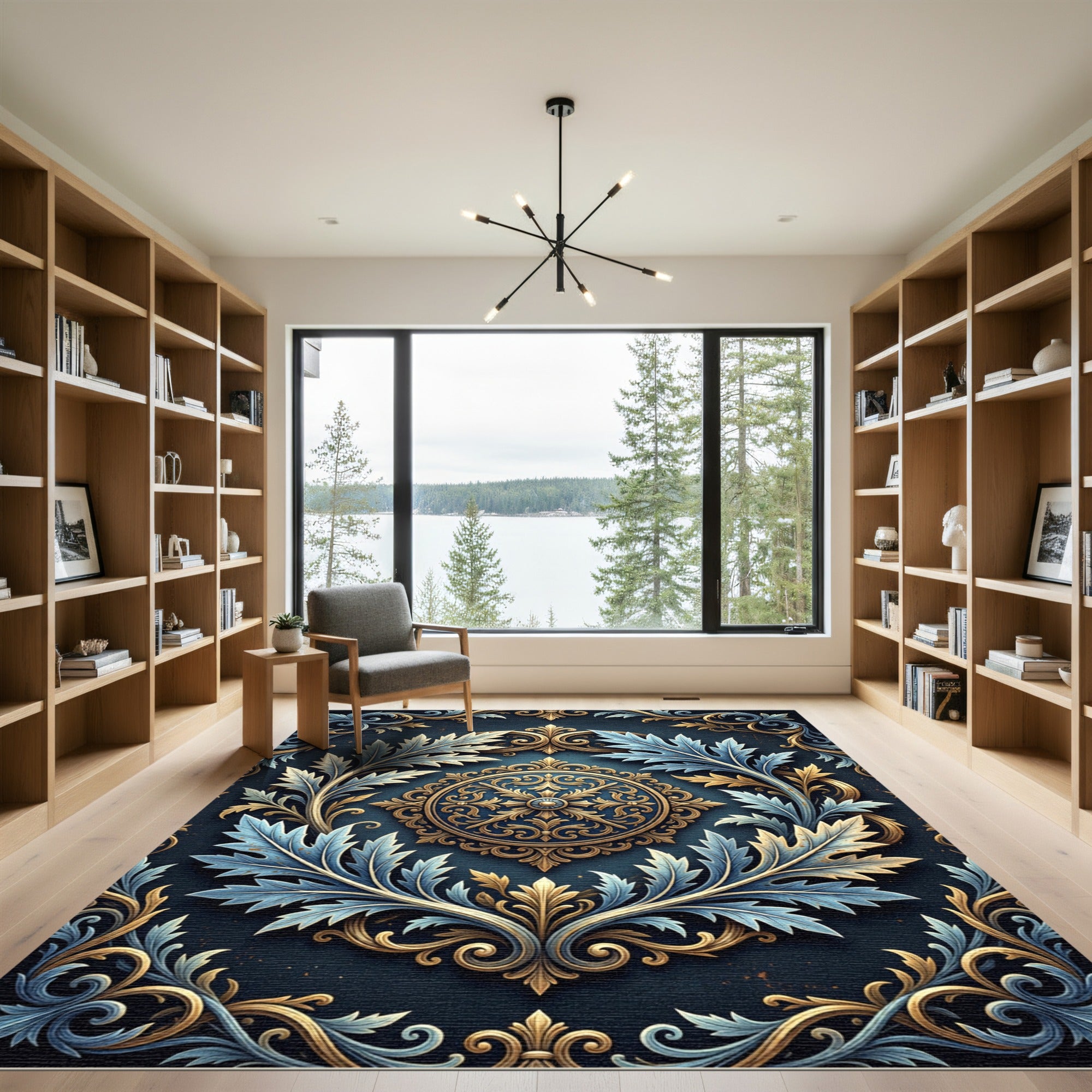 Ornate Gold Blue Acanthus Medallion Rug