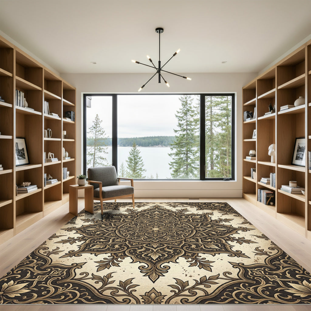 Intricate Bronze Floral Damask Medallion Rug