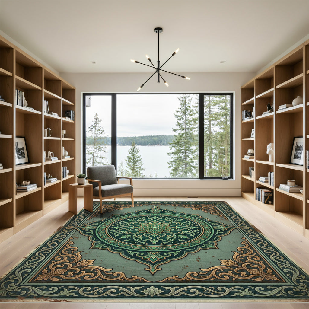 Elegant Sage Emerald Ornate Medallion Rug