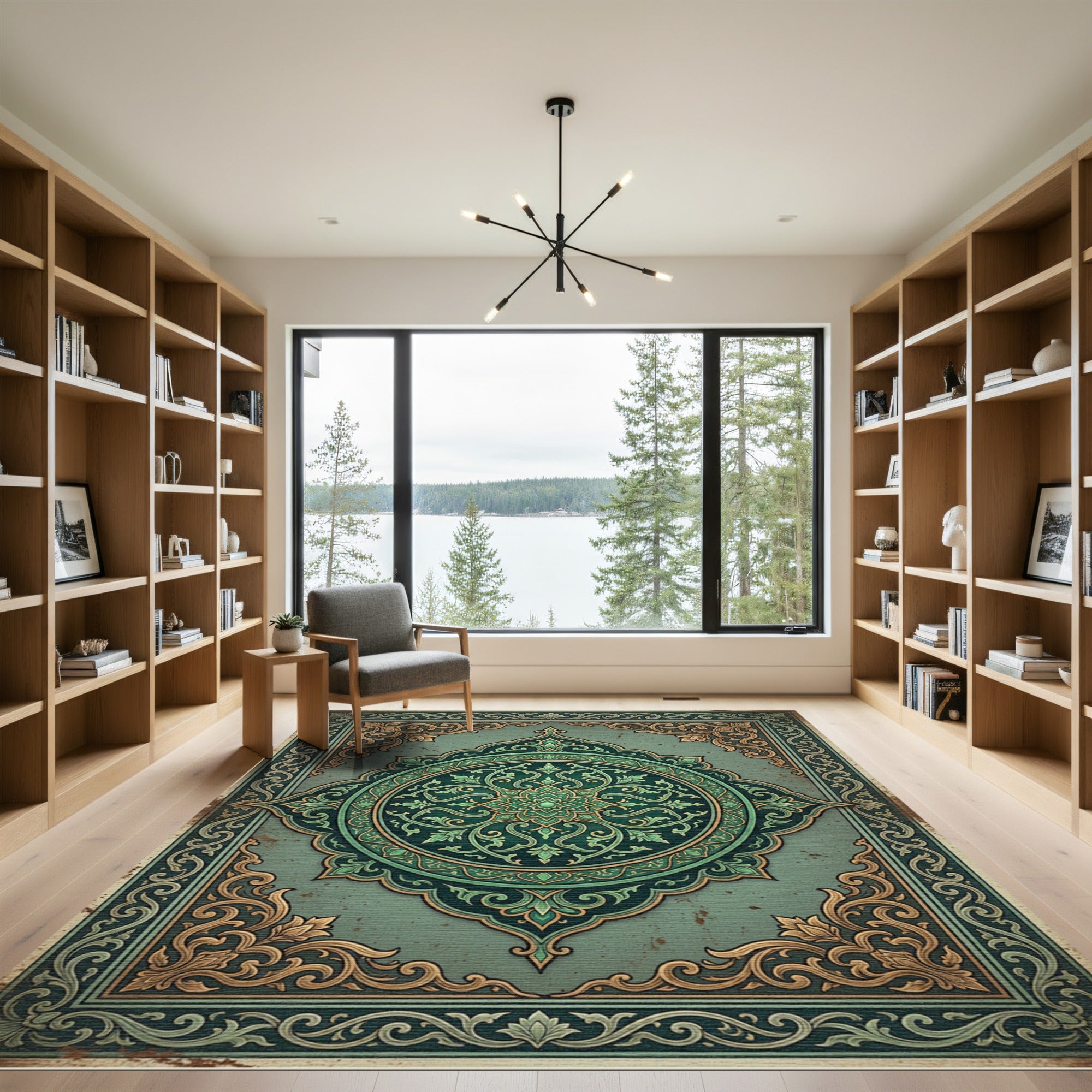 Elegant Sage Emerald Ornate Medallion Rug