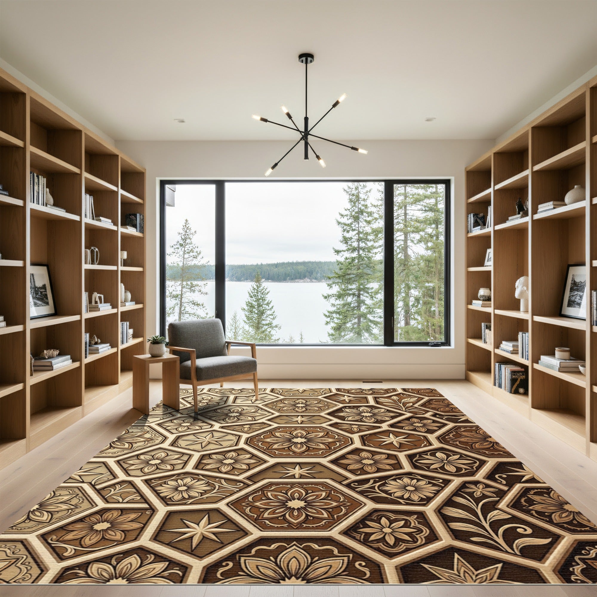 Brown Geometric Floral Medallion Hexagon Rug
