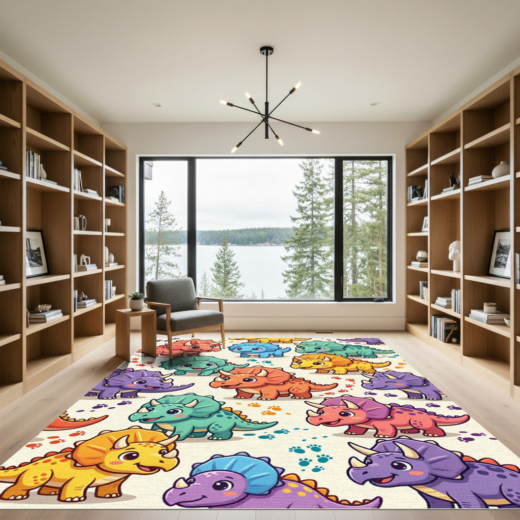 Colorful Playful Triceratops Dinosaur Illustration Rug